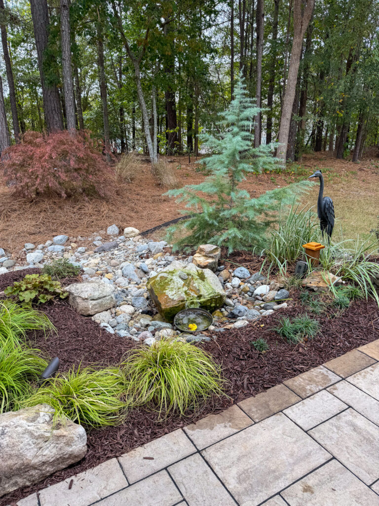 Stone walkway mulch and lawn beautification in Holly Springs NC